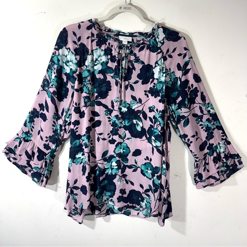 J. Jill Bell Sleeve V-Neck Floral Blouse Lilac Navy